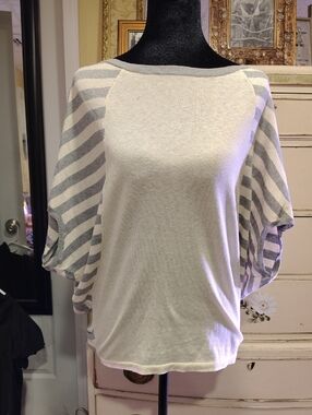 bebe White Top with Gray Striped Dolman Sleeves Silk Blend